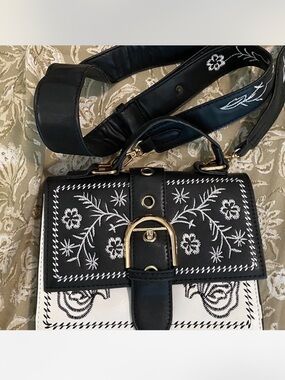 Black & White Embroidered Top-Handle Crossbody Bag